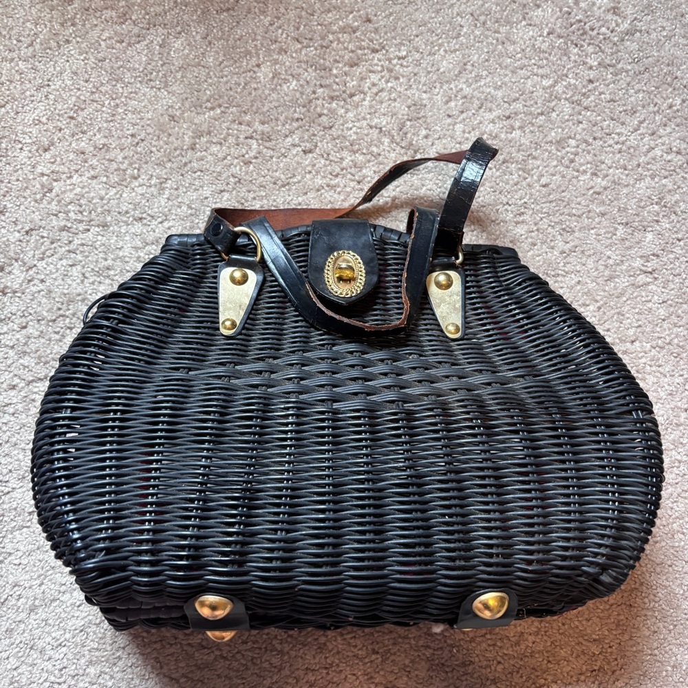 Vintage handmade rattan Simon Black Woven Bag with Gold Details Hong Kong